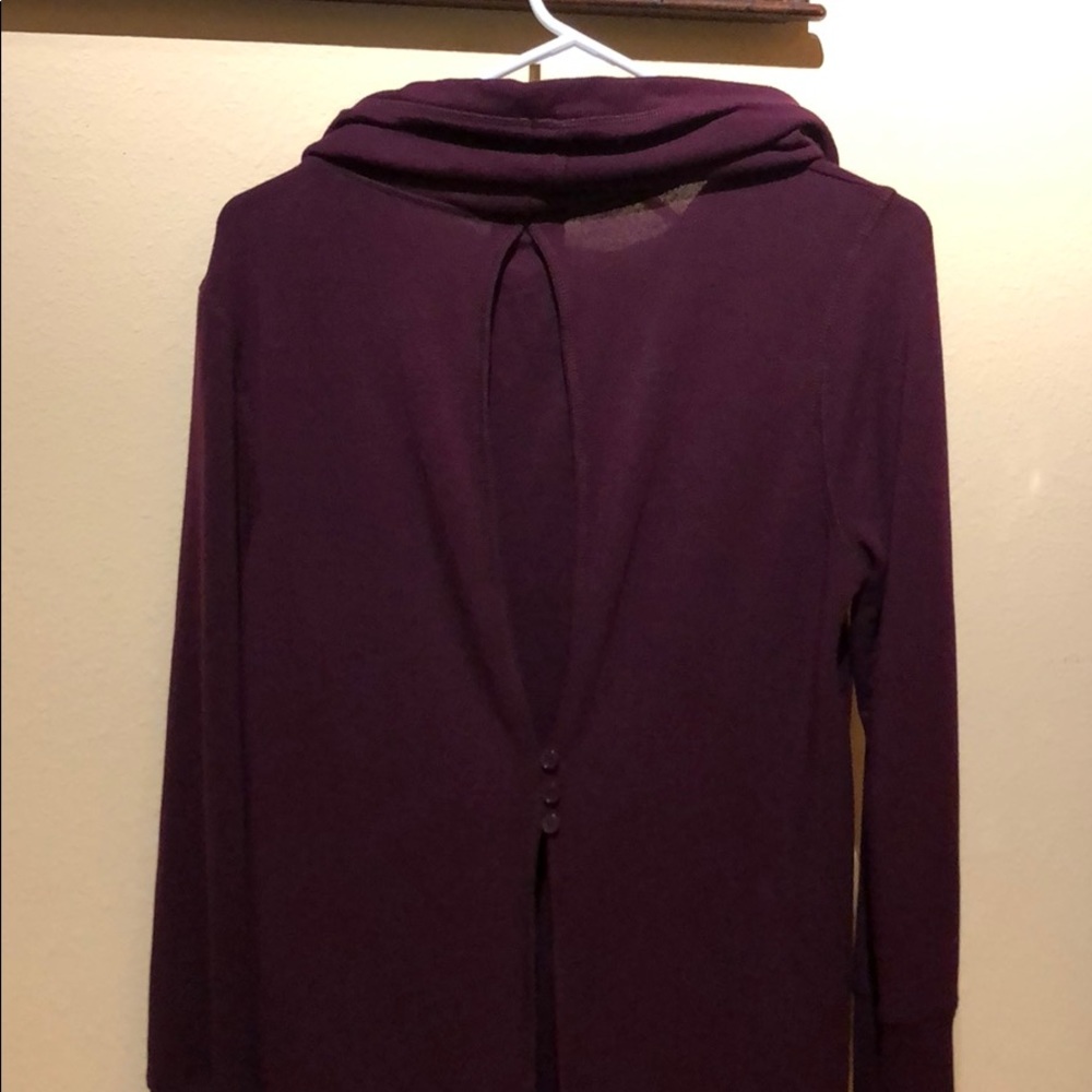 Burgundy tunic with cowl neck and button back